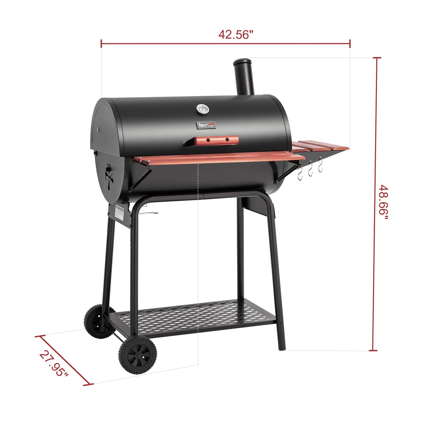 Royal Gourmet CC1830V 30 Inch Barrel Charcoal Grill Black Wood Painted Side Front Table