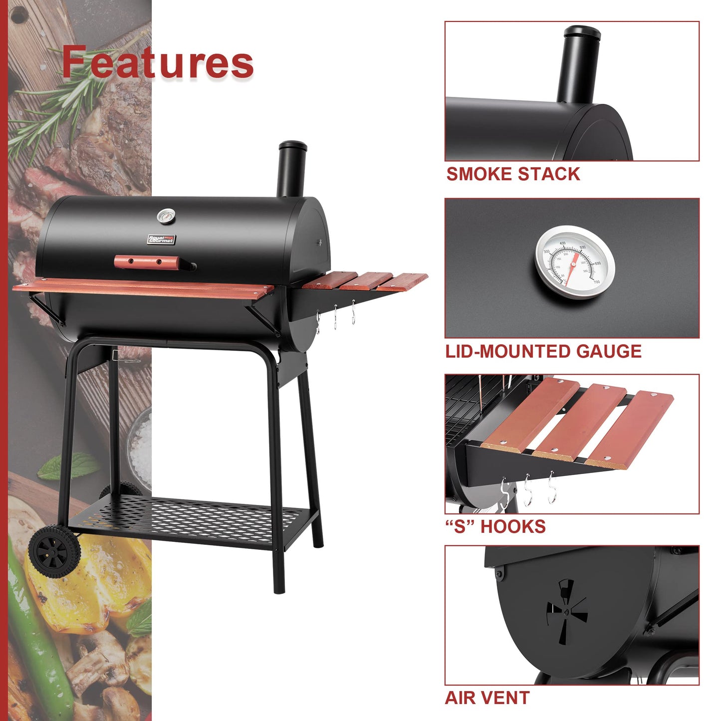 Royal Gourmet CC1830V 30 Inch Barrel Charcoal Grill Black Wood Painted Side Front Table