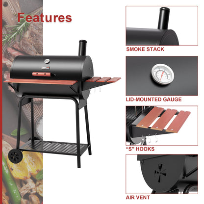 Royal Gourmet CC1830V 30 Inch Barrel Charcoal Grill Black Wood Painted Side Front Table